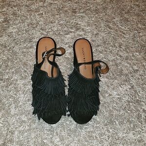 Lucky LK-Jeena Black Wedge Fringe Shoe, Size 8.5